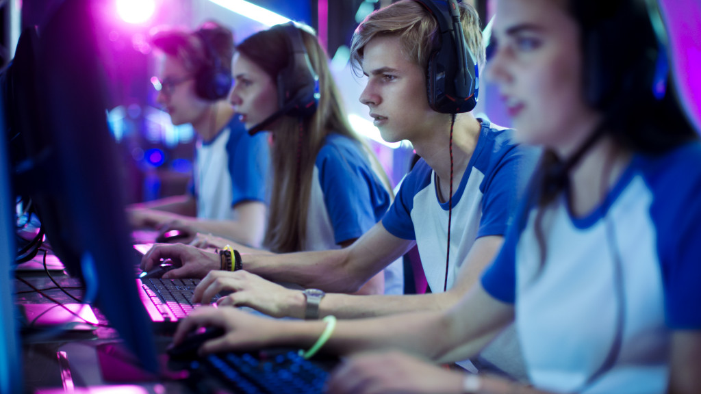 A group of gamers competitively playing